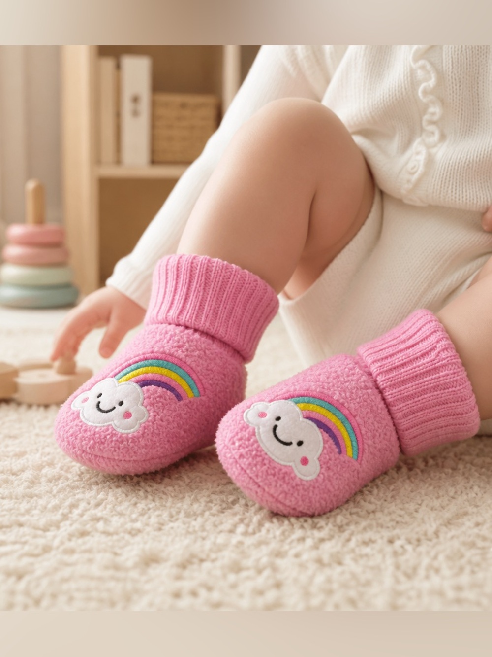 Wonder Nation Infant Baby Girls Rainbow Bootie Slippers, Pink Multiple Sizes